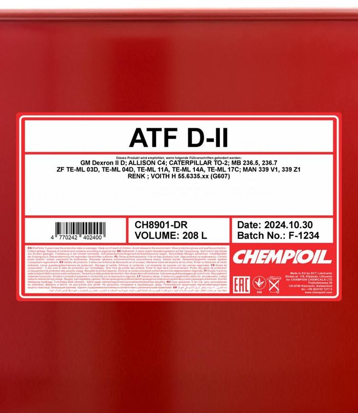 Öl ATF (208L) ; ALLISON C4; CATERPILLAR TO-2; DEXRON II D; MAN 339 V1; MAN 33...