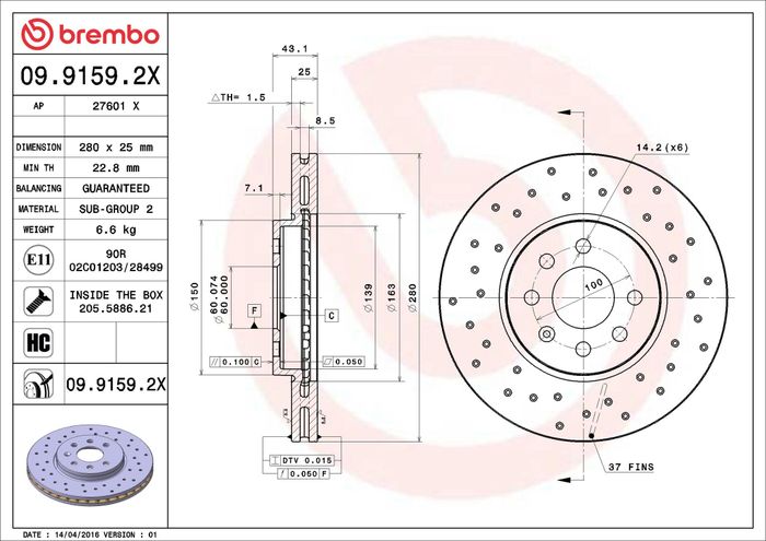 Bremsscheibe, BREMBO Xtra, 1Stück, Gelocht, vorne ; L/R, außendurchmesser 280...