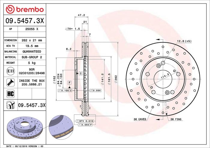Bremsscheibe, BREMBO Xtra, Gelocht, vorne ; L/R, außendurchmesser 262 mm, dic...