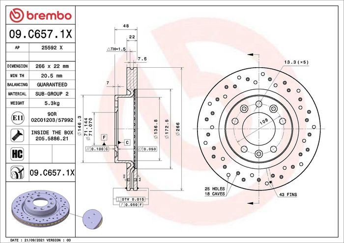 Bremsscheibe, BREMBO Xtra, 1Stück, gebohrt, vorne, außendurchmesser 266 mm, d...