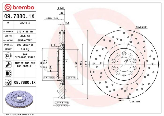 Bremsscheibe, BREMBO Xtra, 1Stück, Gelocht, vorne ; L/R, außendurchmesser 312...