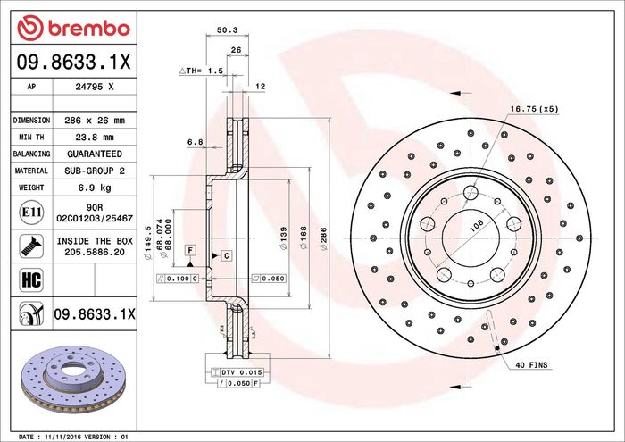 Bremsscheibe, BREMBO Xtra, 1Stück, Gelocht, vorne ; L/R, außendurchmesser 286...
