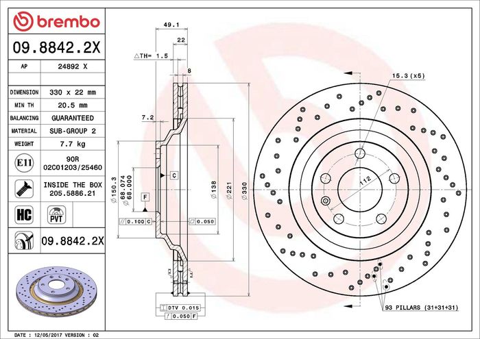 Bremsscheibe, BREMBO Xtra, Gelocht, hinten ; L/R, außendurchmesser 330 mm, di...