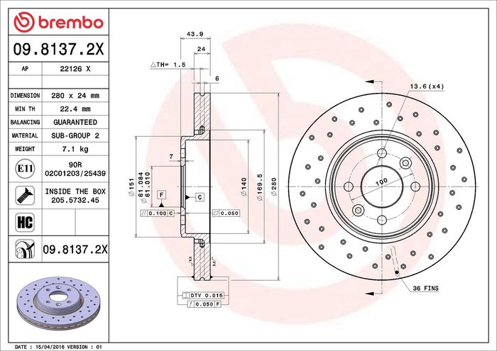 Bremsscheibe, BREMBO Xtra, 1Stück, Gelocht, vorne ; L/R, außendurchmesser 280...