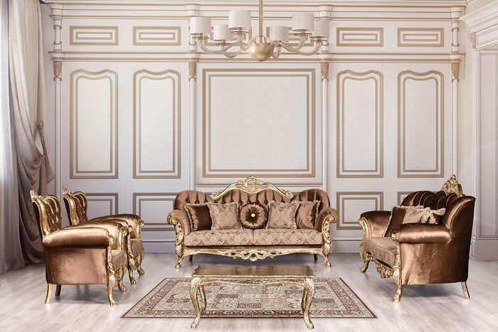 Goldene Samt Couch Set Chesterfield Sofagarnitur Sofa Möbel Holz 5tlg