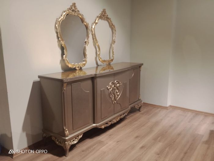 Anrichte mit Spiegel Taupe Braun Holz Schrank Sideboard Anrichten 2tlg