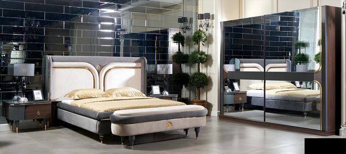 Garnitur Schlafzimmer Bett Nachttisch Kleiderschrank Hocker Luxus Design 5tlg