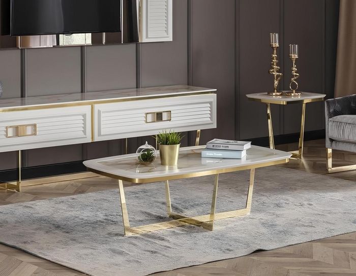 Moderner weißer Couchtisch aus Holz und Metall