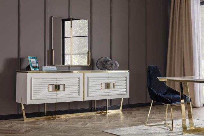 Elegantes weißes Sideboard mit Spiegel aus Holz, Metall und Glas