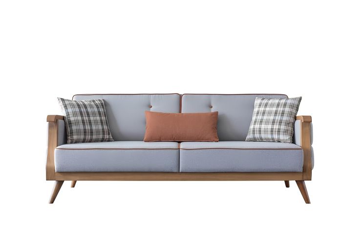 Blaues Stoffsofa Wohnzimmer Dreisitzer Polster Möbel Holzgestell Couch