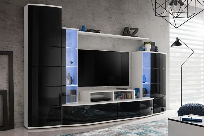 Schwarz Wohnwand Wohnzimmer Luxus Set Vitrine TV Ständer Holz Möbel Neu