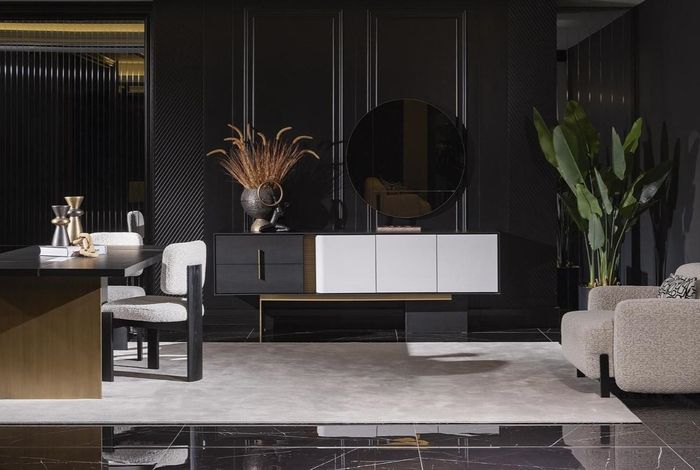 Elegantes Weißes 2-teiliges Esszimmer Set mit Sideboard und Spiegel