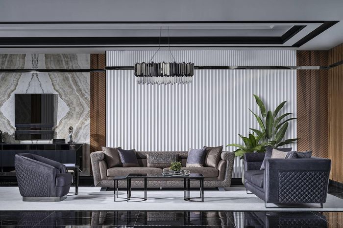Grau Wohnzimmer Set aus Holz und Textil modern und stilvoll