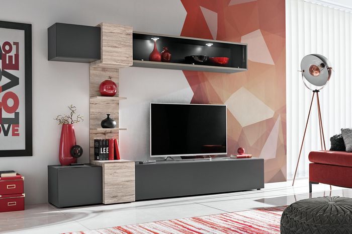 Designer Wohnzimmer Modern Set Wohnwand Wand Regale Grau TV-Ständer