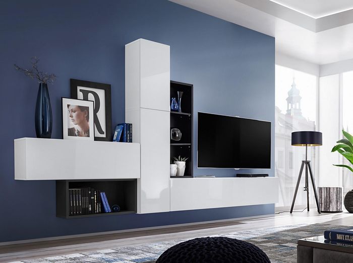 Wohnwand Modern Weiß TV-Ständer Wohnzimmer Wandregale Garnitur