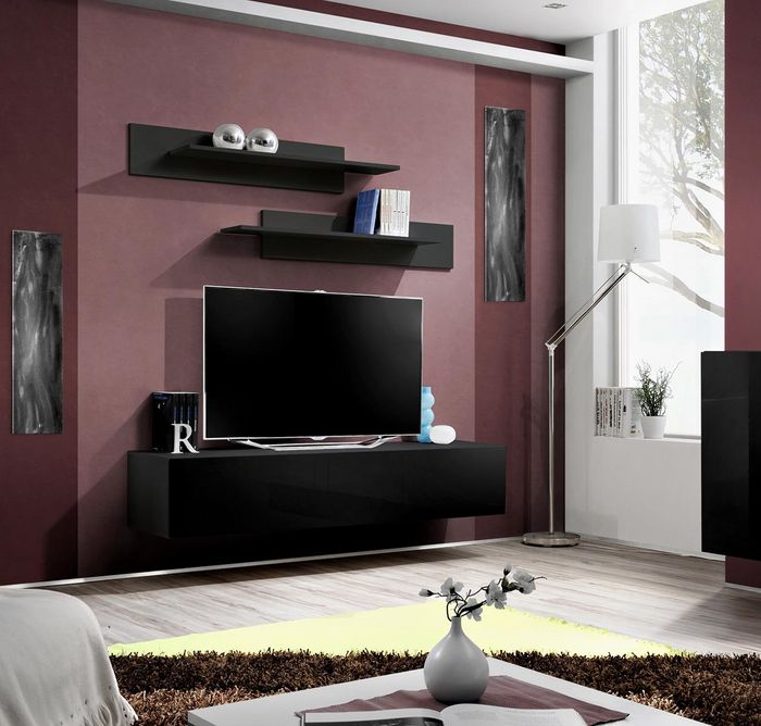 Wohnwand TV Ständer Wandregale Schwarz Lowboard Wohnzimmermöbel