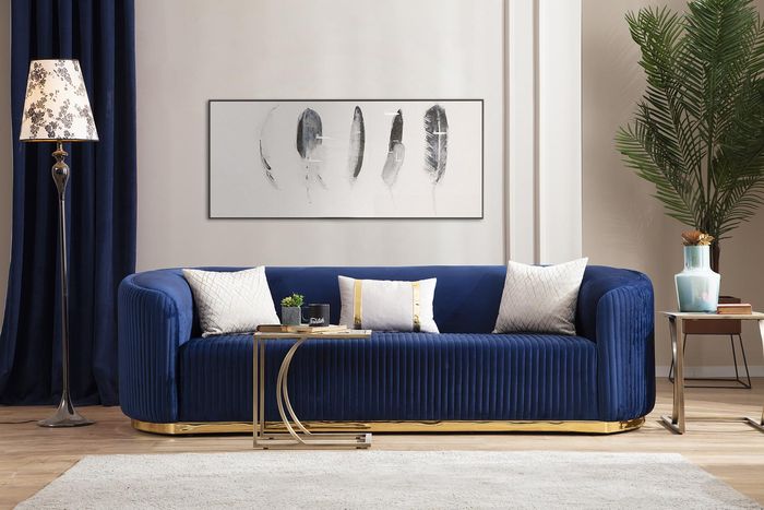 Edelstahl Dreisitzer Luxus Sofa Blau Wohnzimmermöbel Polstersofas Couchen