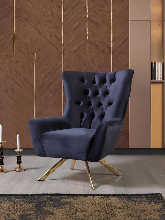 Sessel Chesterfield Ohrensessel Stoff Blau Wohnzimmer Polyester Einsitzer