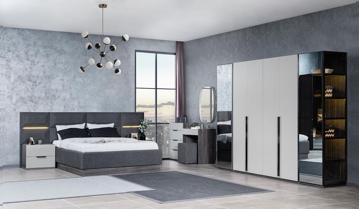 Schlafzimmer Bett Nachttische Kleiderschrank Kommode mit Spiegel Möbel Set 5tlg