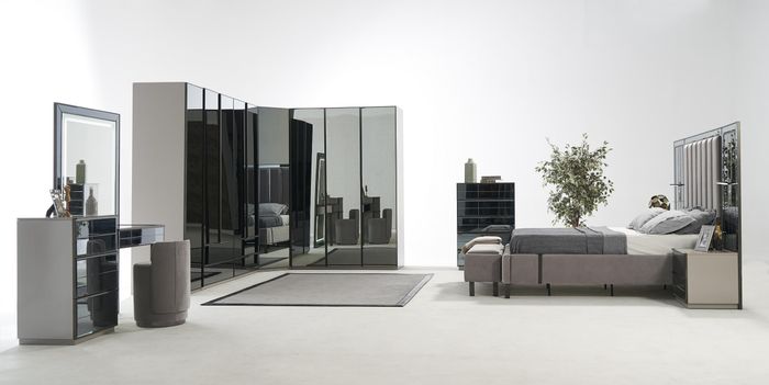 Luxus Glas Schlafzimmer Bett Nachttisch Eckschrank Kommod Spiegel Hocker Grau