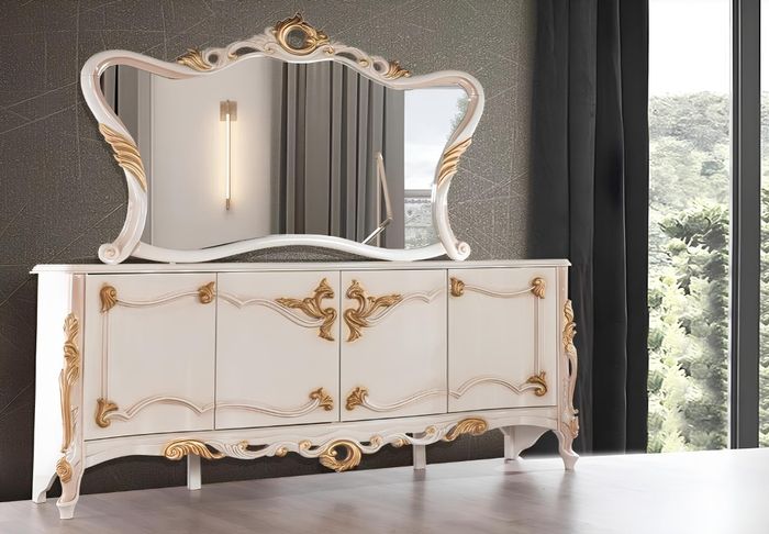 Anrichte mit Spiegel Garnitur Ess Barock Kommoden Holz Kommode Holz Schrank Neu
