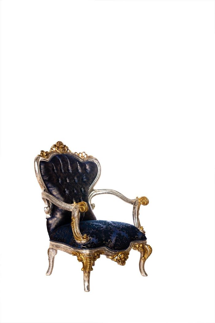 Luxus Sessel Klassischer Thron Stuhl Lehnstuhl Barock Samt Blau Gold