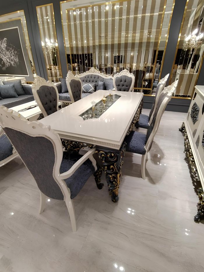 Glamouröses Esszimmer Set Esstisch + 6x Stühle + Kommod mit Spiegel 8 tlg