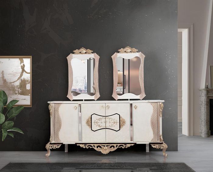 Luxus Esszimmer Set 9 tlg. Esstisch + 6x Stühle + Anrichte mit Spiegel weiß Neu