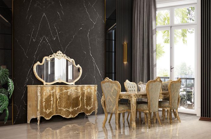 Luxus Esszimmer Set Garnitur Stuhl 6x Anrichte Spiegel Esszimmer Gruppe Komplett