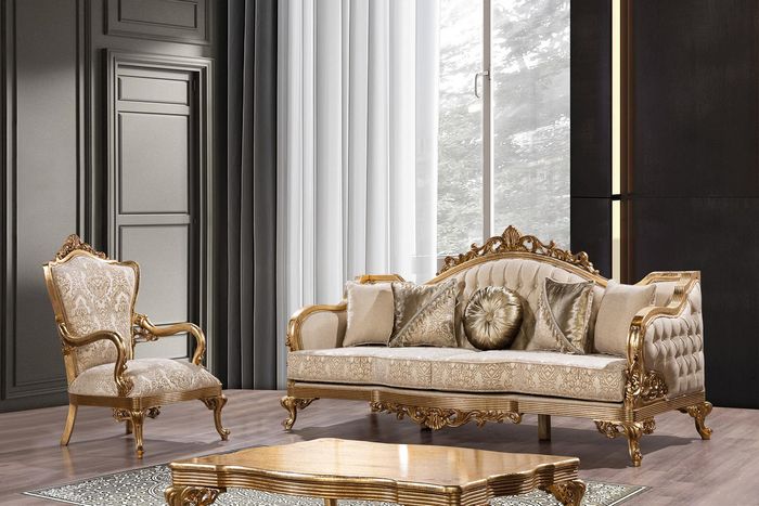 -Goldene Couch Klassische Sofagarnitur Polster Möbel 3+1 Couchtisch Stoff