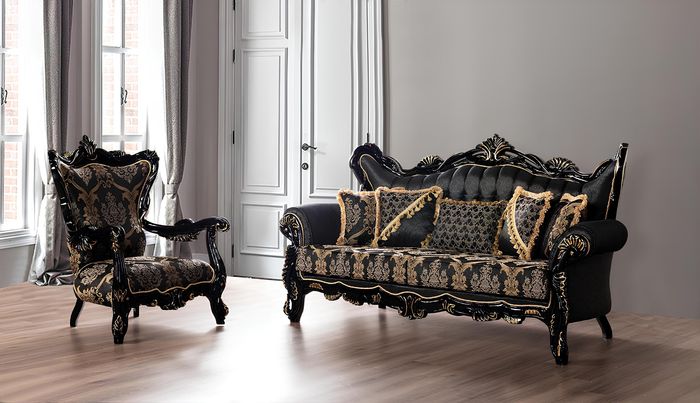 2tlg.Sofagarnitur für das Wohnzimmer 3+1Sitzeschwarzes Sofa und SesselGoldmuster