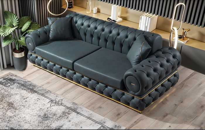Sofa 3 Sitzer Chesterfield Polster Sofas Dreisitzer Leder Wohnzimmer Blau Möbel