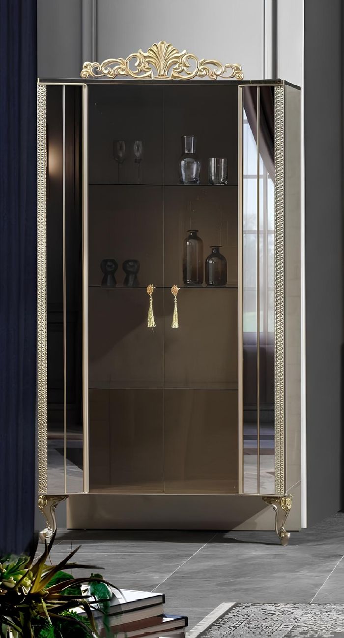 Vitrine Schrank Vitrinen Holz Luxus Klassischе Spiegel Esszimmer Beige