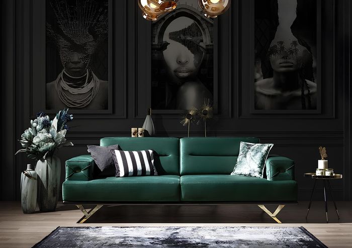 Wohnzimmergarnitur Sofa Dreisitzer Beistelltisch Grün Edelstahlmöbel Neu