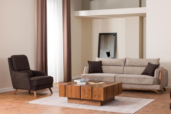 Wohnzimmer Sofa Sessel Set Modernes Design Beige Braun Holzfüße Polster 3+1