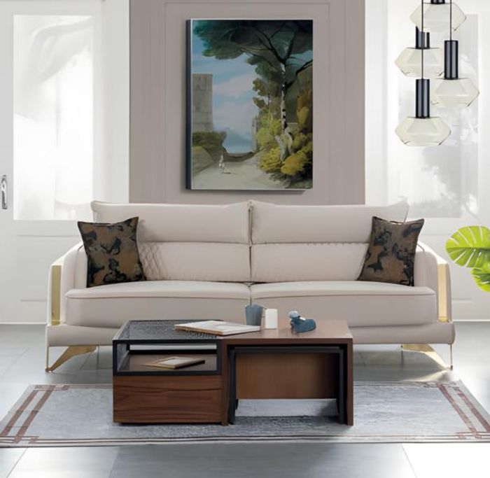 Sofa 3-Sitzer Creme Stoffbezug Goldfüße Elegant Modern Design Wohnzimmerstil