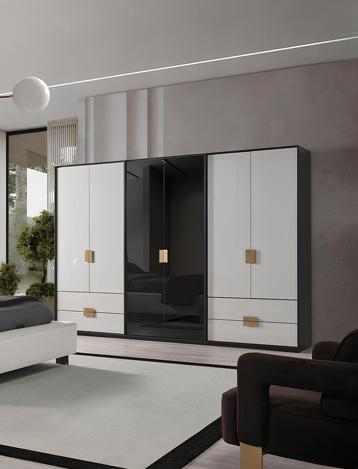 Schwarz-Weißer Schlafzimmer Kleiderschrank Moderner 6-Türiger Schrank