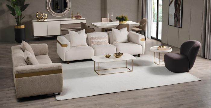 Moderne Beige Sofagarnitur 4+3 Sitzer + Sessel Wohnzimmer Luxus Set 3tlg