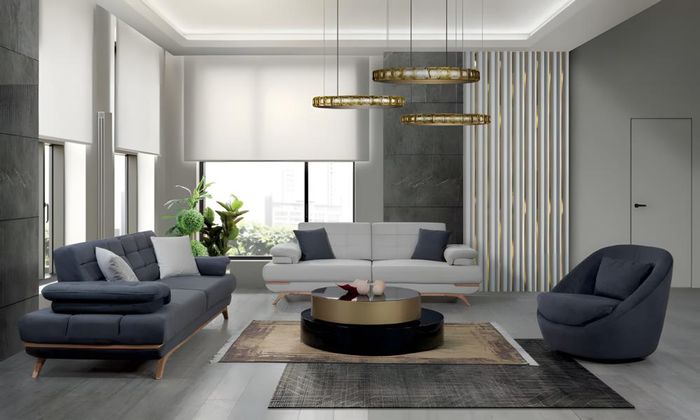 Design Sofa Set Wohnzimmer Polster Garnitur Grau Blau Modern 3+3+1 Elegant