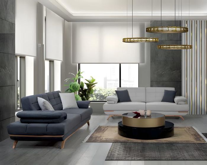 Verstellbares Big Sofa Set Grau Blau Polster Garnitur Couch Wohnzimmer 3+3
