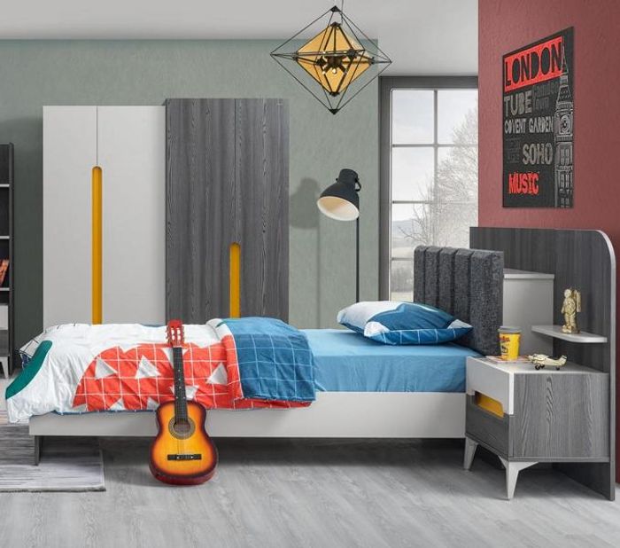 Kinderzimmer Kinderbett Bett Nachttisch Kleiderschrank Holz Möbel Grau Set