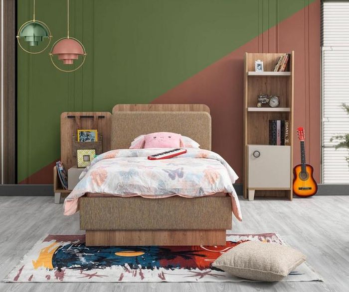 Braun Kinderzimmer Set Kinderbett Nachttisch Buecherregal stilvolle Möbel