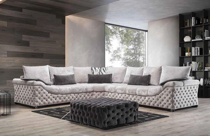 Ecksofa Beige Design Couch Holz mit Textil Wohnzimmer L Form Sofas Neu