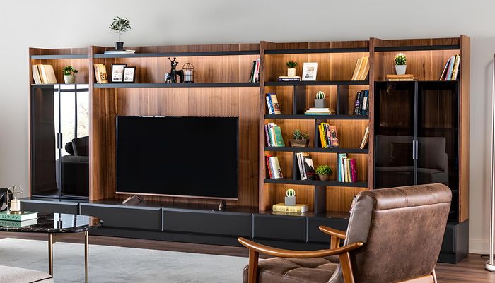 Wohnwand tv Möbel Schrankwände Wohnzimmer Vitrine Modern Holz Braun