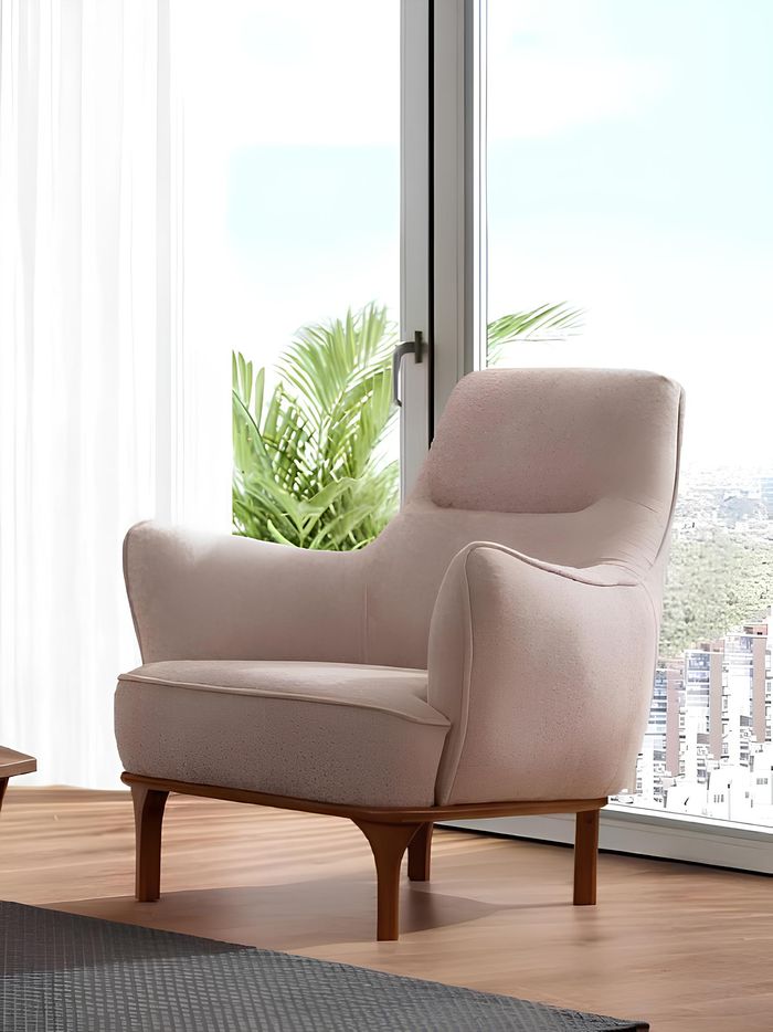 Moderner Sessel Cocktailsessel Ohrensessel Designer Möbel Beige Holzmöbel