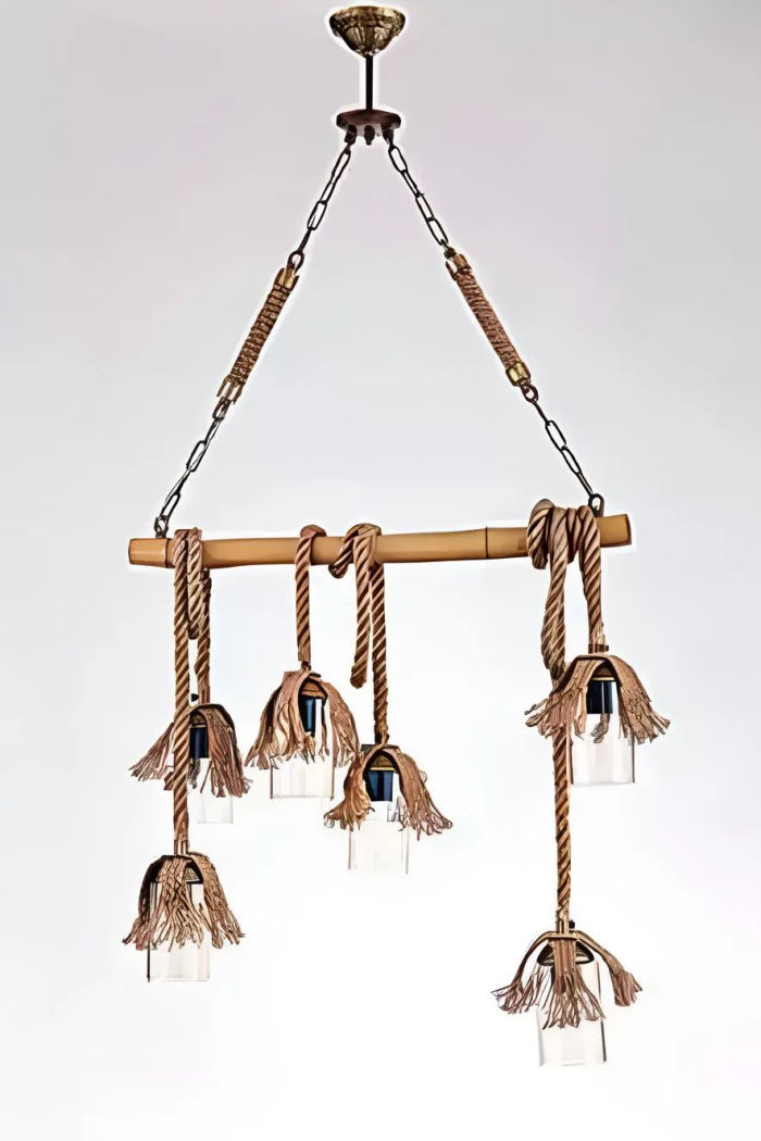 Lampe Deckenleuchter Lüster Kronleuchter Deckenlampe Bambus Glas Braun
