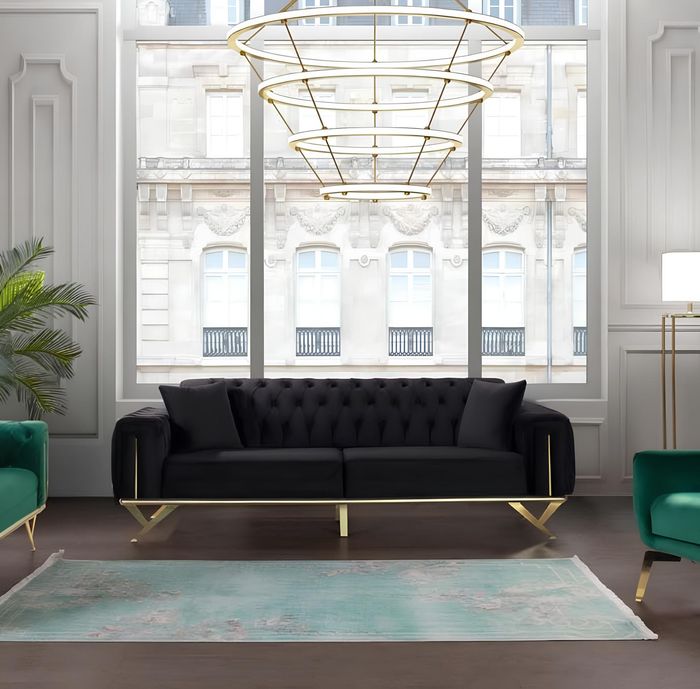 Schwarz Chesterfield Couch Dreisitzer Sitzpolster Couchen Sofa Möbel Samt Holz