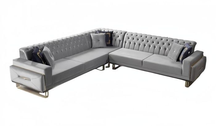 Sofa Couch Polsterung L-Form Wohnzimmer Design Ecke Textil Grau Eckgarnitur