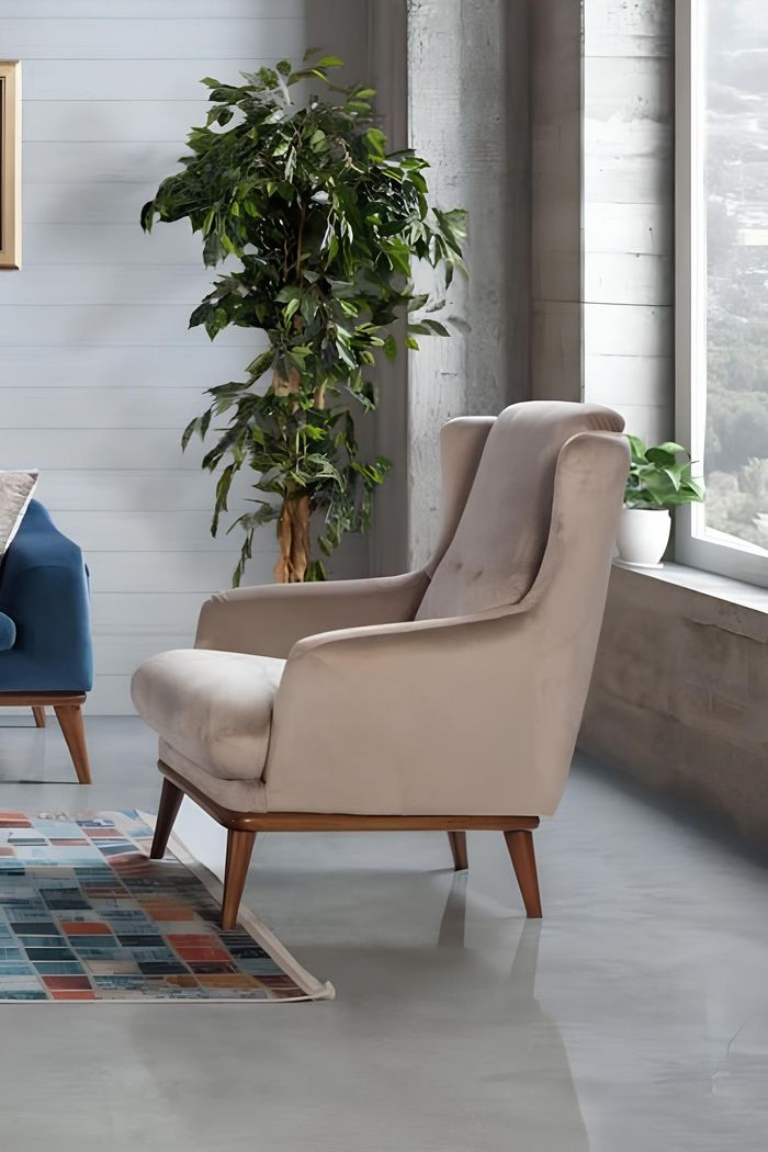 Sessel 1 Sitzer Beige Einsitzer Wohnzimmer Sofa Textil Design Stil Neu Holz