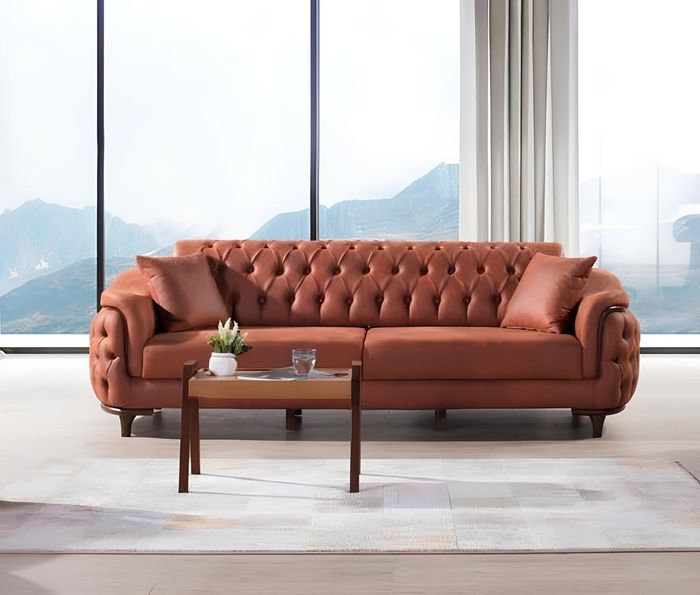 Orange Chesterfield Couch Dreisitzer Couchen Sofa Möbel Samt Holz Sitzpolster